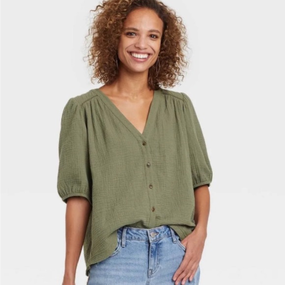 Knox Rose Elbow Sleeve Gauze Button-Down Shirt - Picture 1 of 6